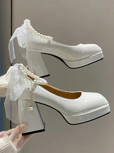 Ladies High Heels Elegant Bow Square Toe Black Fashion Women's Pumps Thick Heel Wedding Party Pearl Lace Wedding Shoes for Women